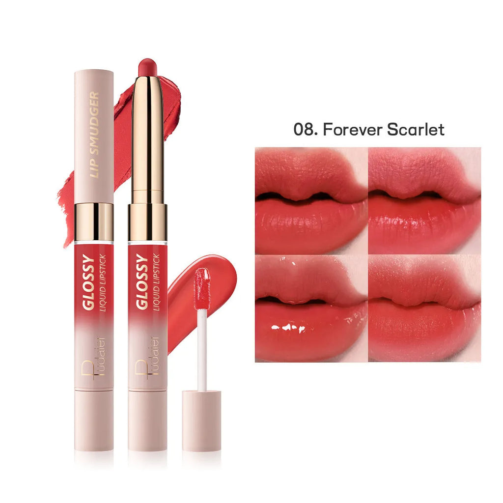 Double-headed lipstick with matte finish showing ten colour options from 01 to 10