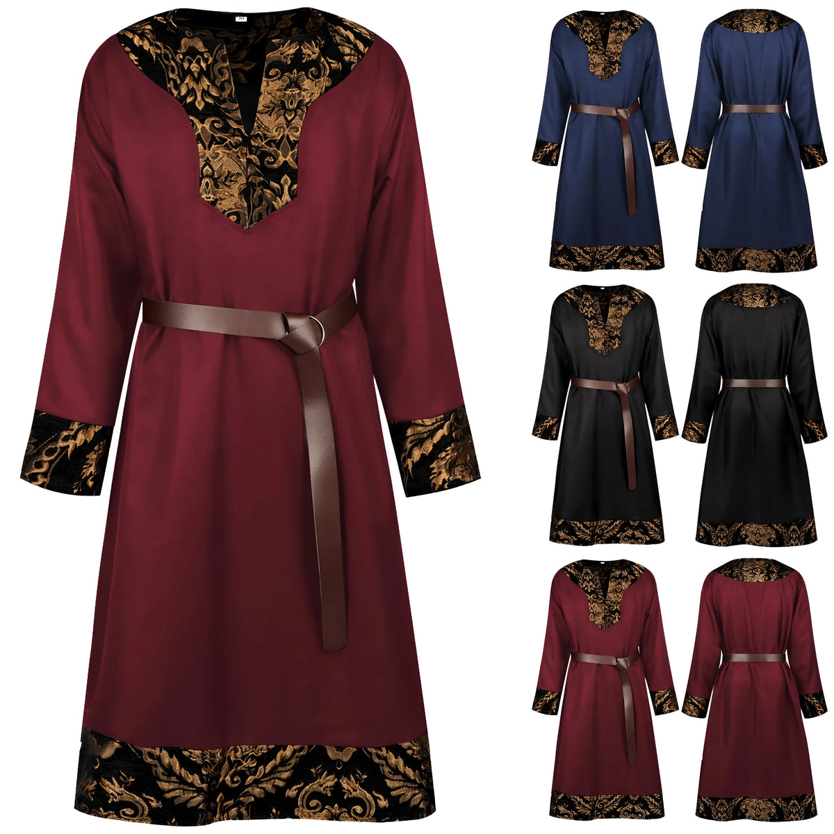 Men's medieval Viking waist jacket with belt and shorts in black, red, or blue polyester, long sleeve British style.