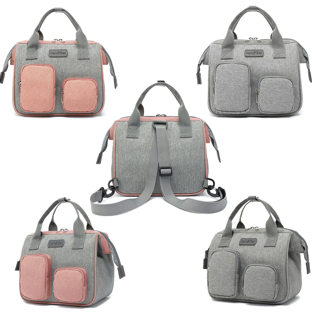 Grey waterproof Oxford cloth women's handbag with three-dimensional pocket and organised interior compartments.