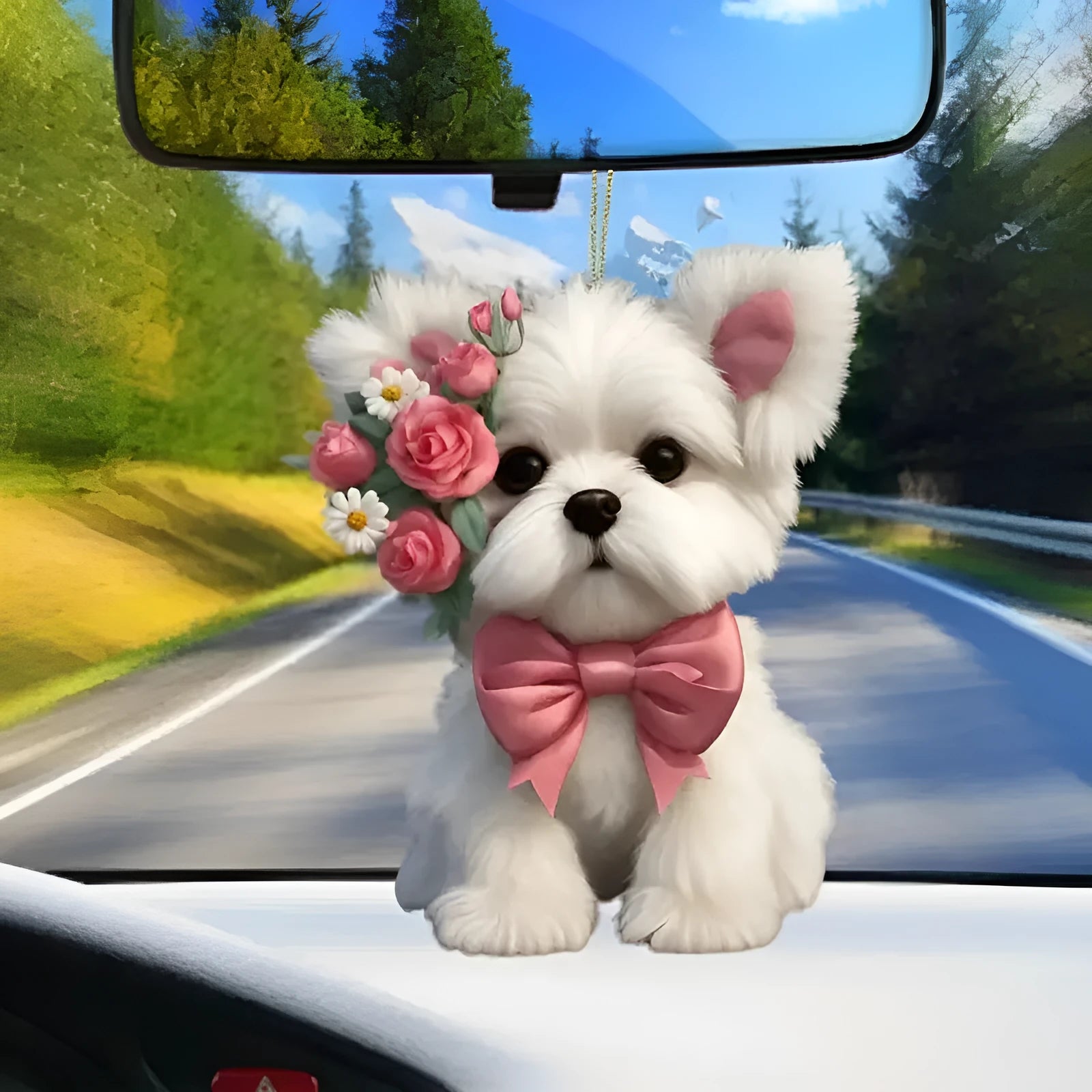 Colourful acrylic cartoon pendant for car interior decoration on dashboard.