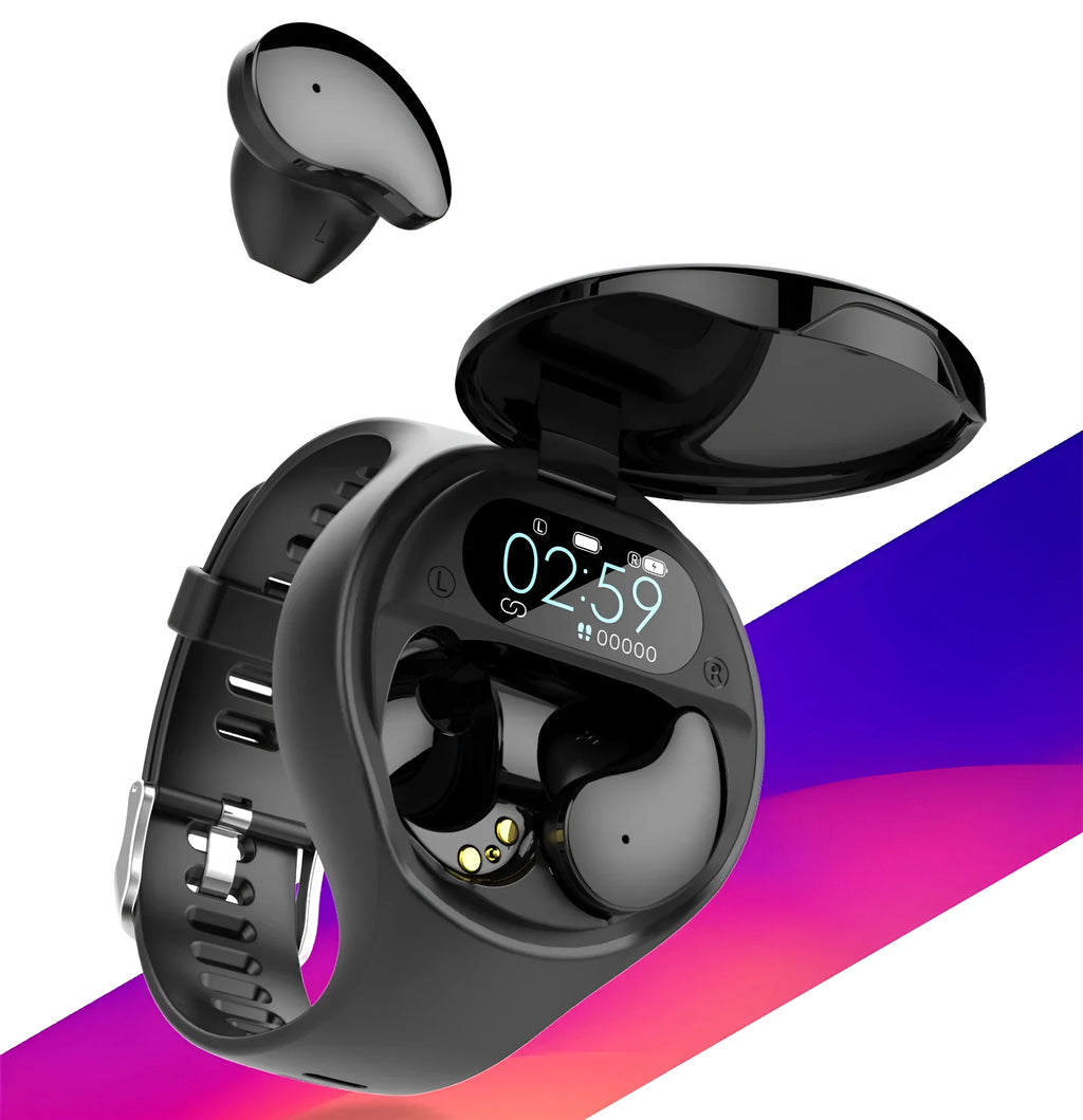 Black smart bracelet with detachable TWS Bluetooth earphones showing colour screen display