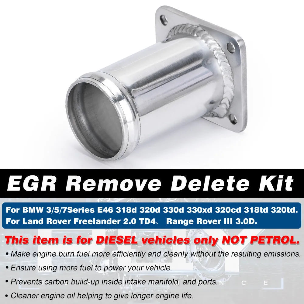 BMW E46 diesel EGR delete kit showing black anodised removal pipe, blanking plates, bolts, and vacuum plug