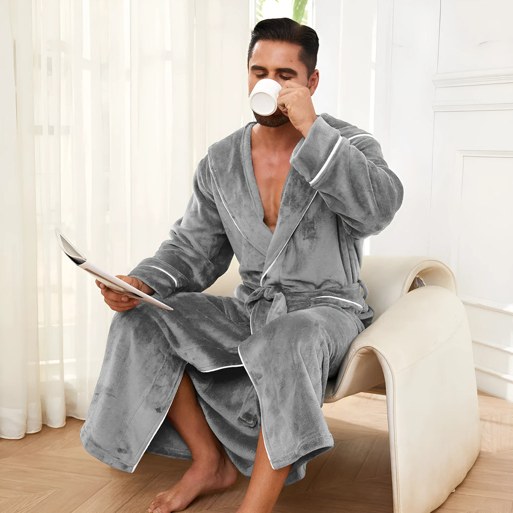 Men's grey polyester flannel bathrobe in European style, shown on a hanger.