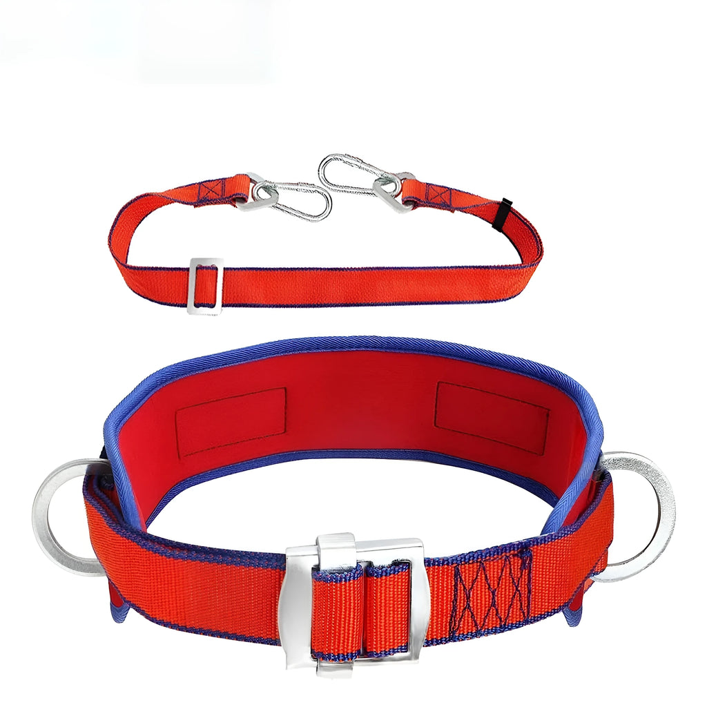 Red polyester anti-fall safety belt with alloy steel buckle and lanyard rope for power engineering