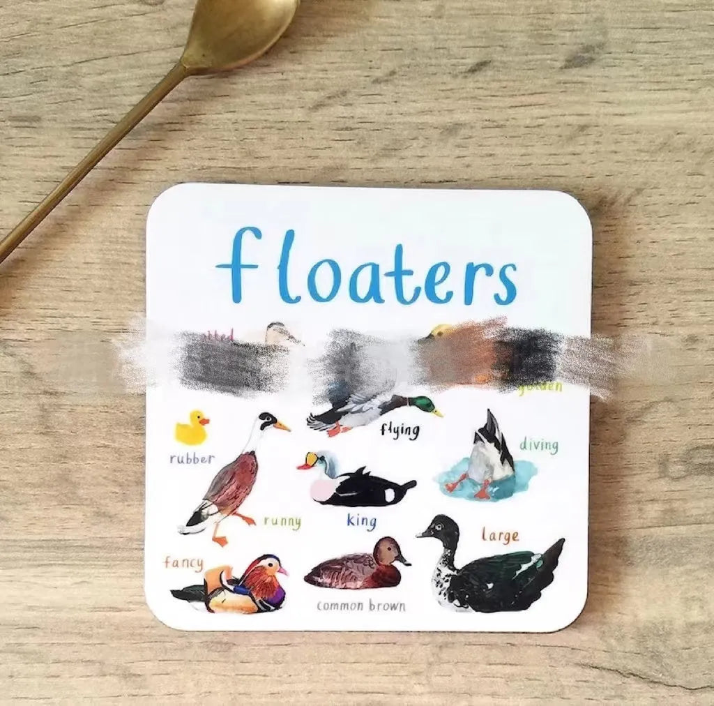 Set of six square bird pun coasters with different bird chart illustrations on white background