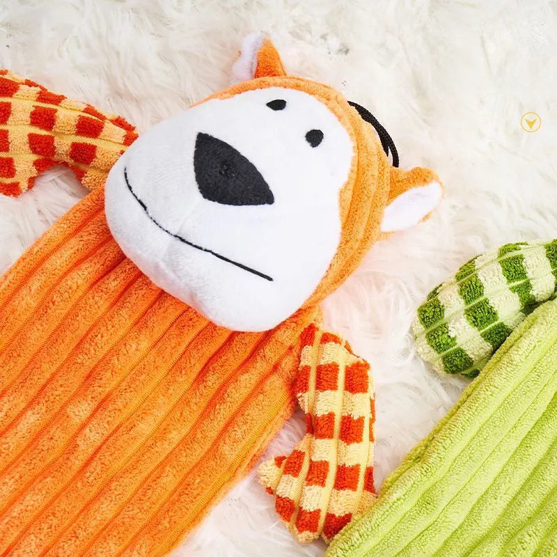 Green and orange immortal squeaker plush dog toy for aggressive chewers with reinforced stitching