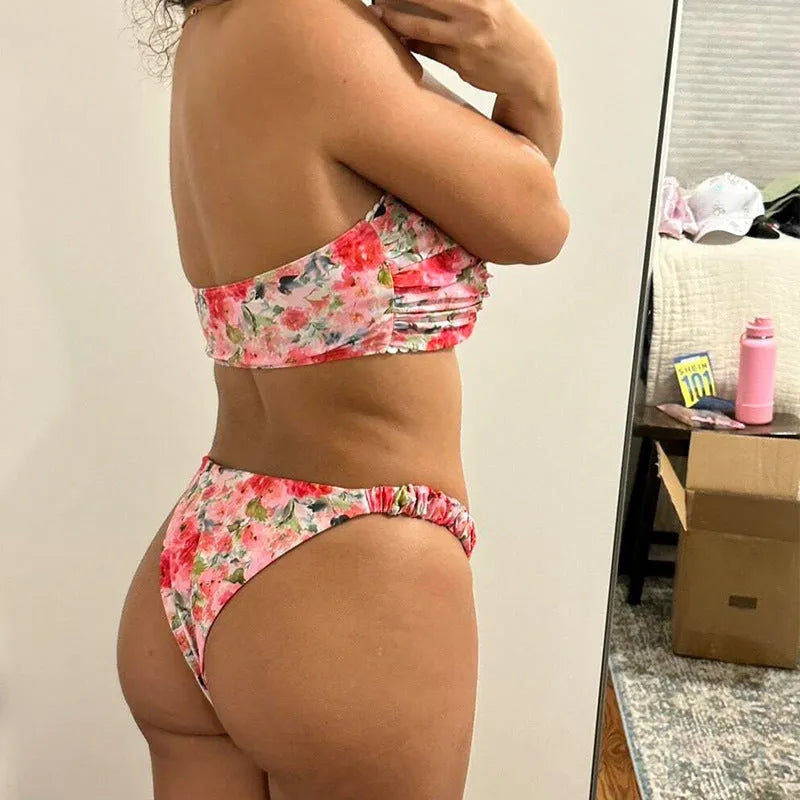 Women's printed floral bikini with lace trim and backless tube top design