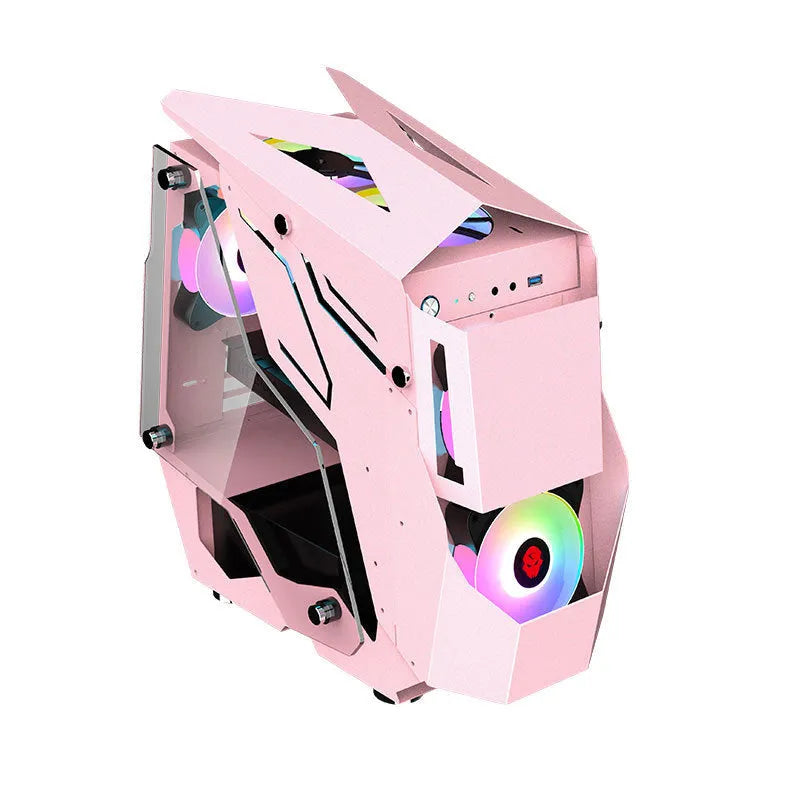 Full side tempered glass ATX computer case with black SPCC steel chassis and glass side panel