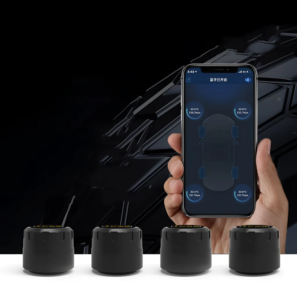 Bluetooth automotive tyre pressure monitoring system with four external sensors and installation tools.