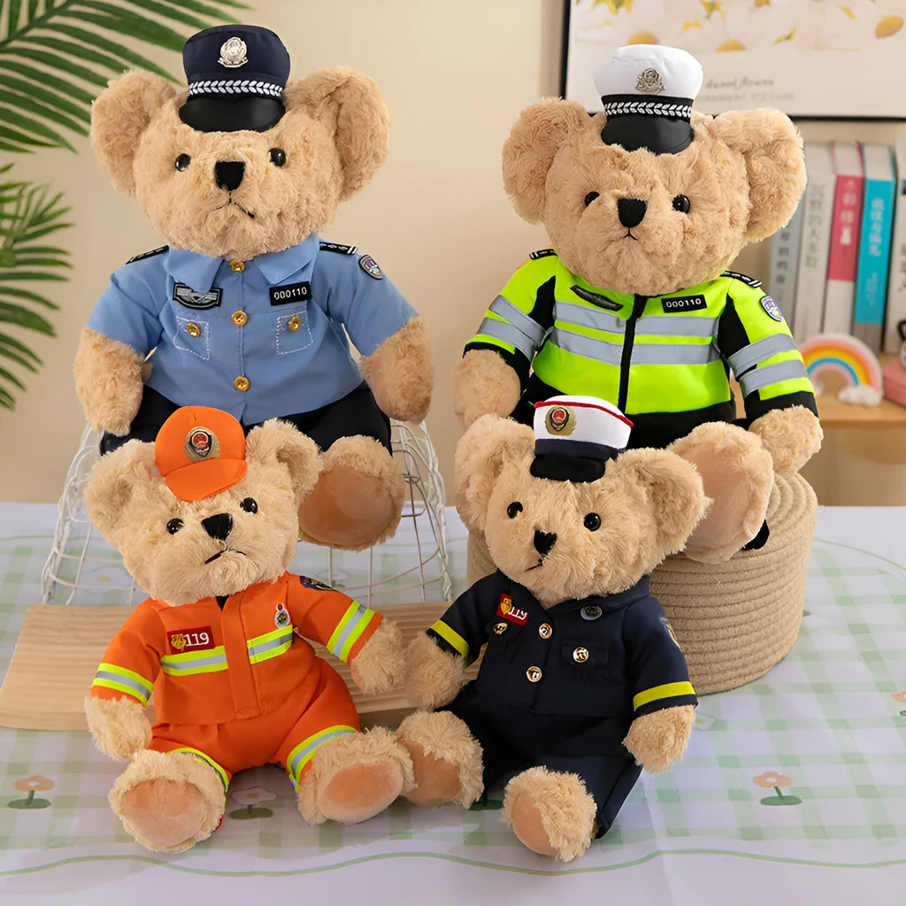 Fire Bear Police teddy doll plush toy in orange design showing 30cm height