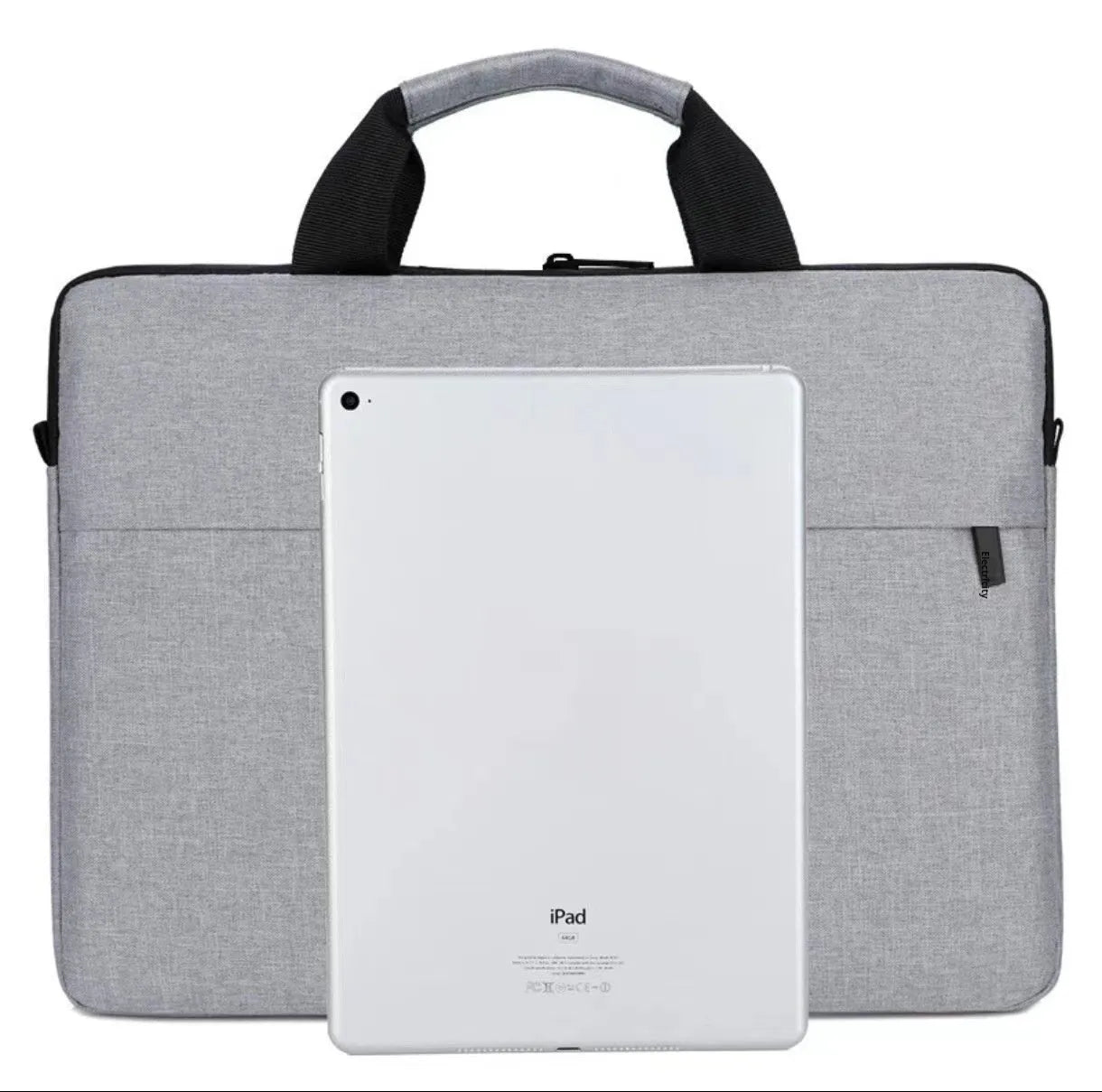 Grey Oxford cloth laptop bag with visible sewing thread detailing and expandable compartment