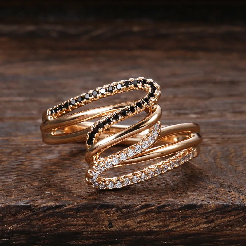 Women's micro-inlaid zircon ring in electroplated copper with WK2230 colour, showing detailed stone arrangement