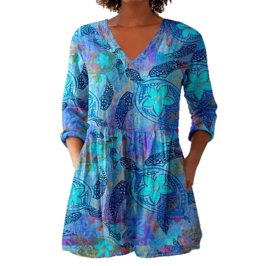 Women's retro slim fit long-sleeved polyester top with digital print, sizes S to 5XL
