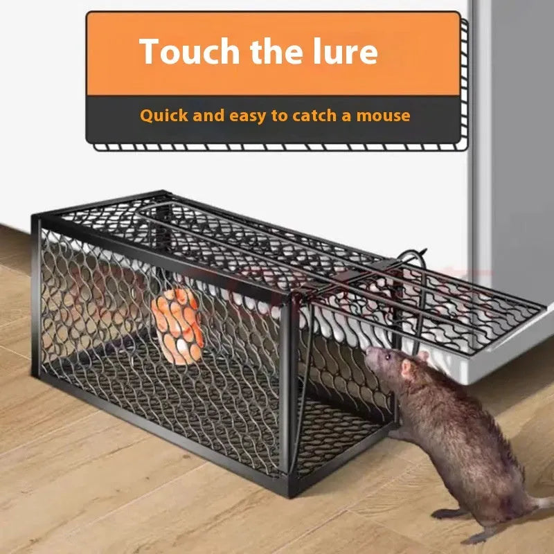 Automatic humane mouse cage trap in metal and plastic, shown in small, medium, and large sizes for indoor rodent control.