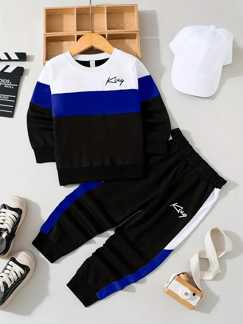 Design Sense boys cotton blend pullover hoodie and jogger trousers two-piece set in multicolour options