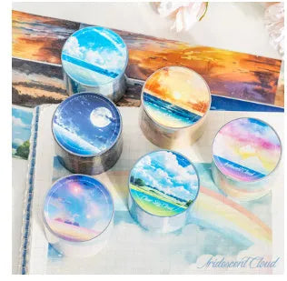 Japanese paper decorative tape roll with sky patterns including clouds, twilight and nebula designs