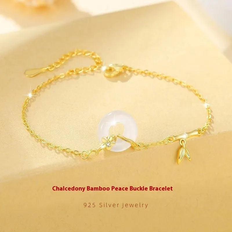 Silver gold electroplated women's bracelet with white chalcedony gemstone and starry sky design elements