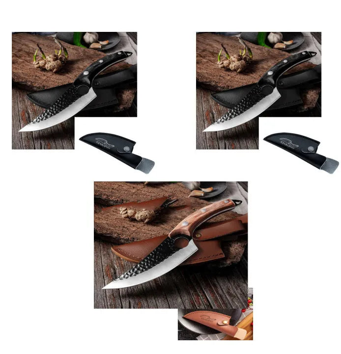 Butcher knife set with small curved scimitar and boning knife in leather sheath