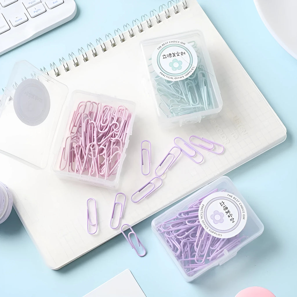 Macaron colour alloy paper clips in pink, purple, and green, large 50mm and small 28mm sizes