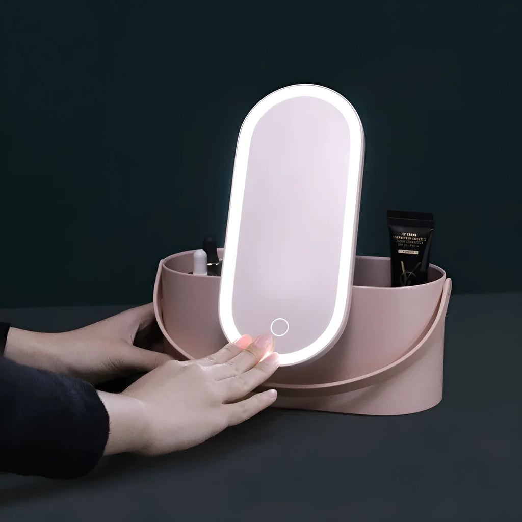 Portable pink beauty mirror with storage box and aluminium mirror lens