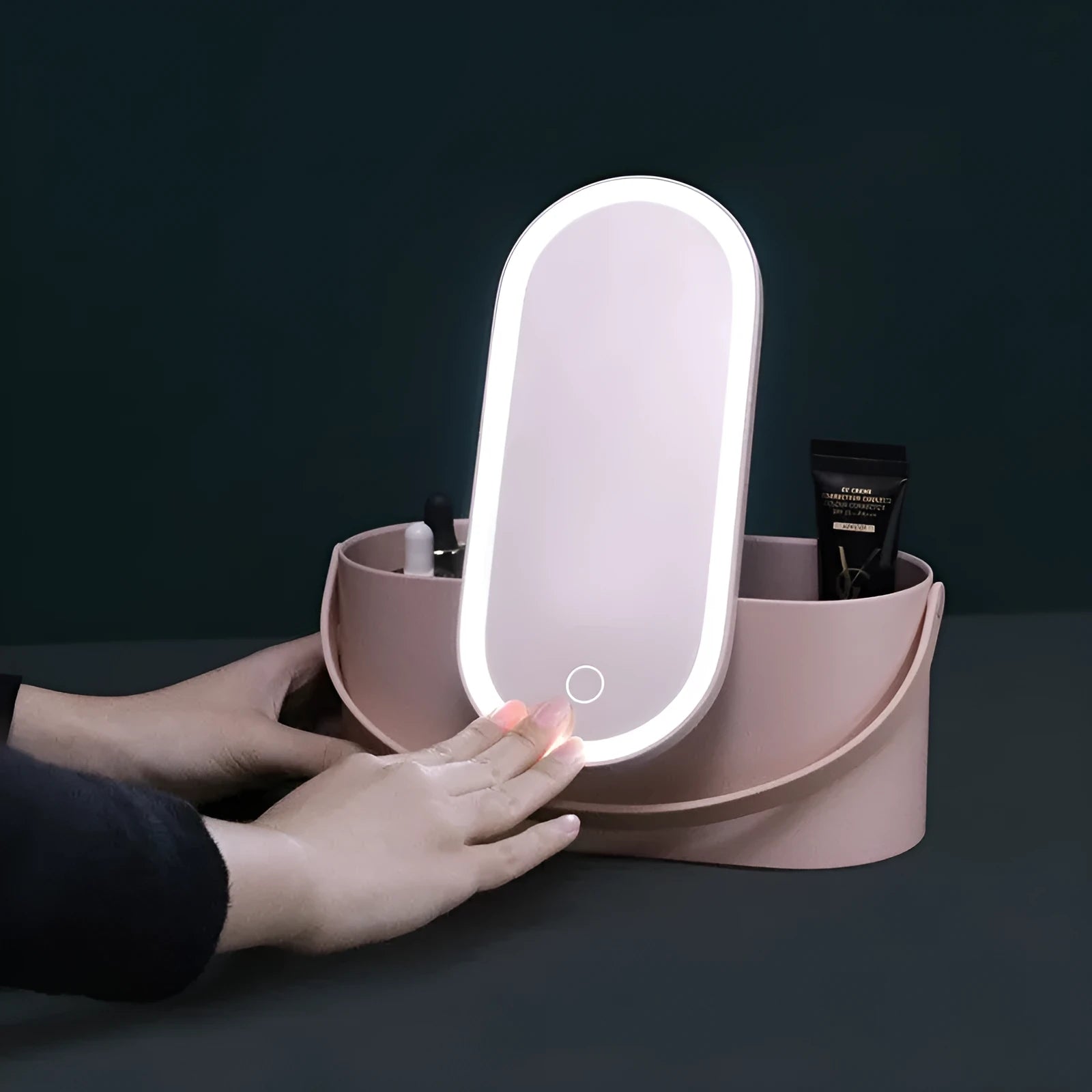 Portable pink beauty mirror with storage box and aluminium mirror lens