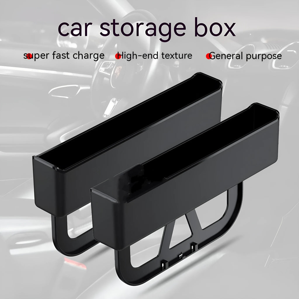 Black plastic car seat gap storage box organiser with 265x166x45mm dimensions