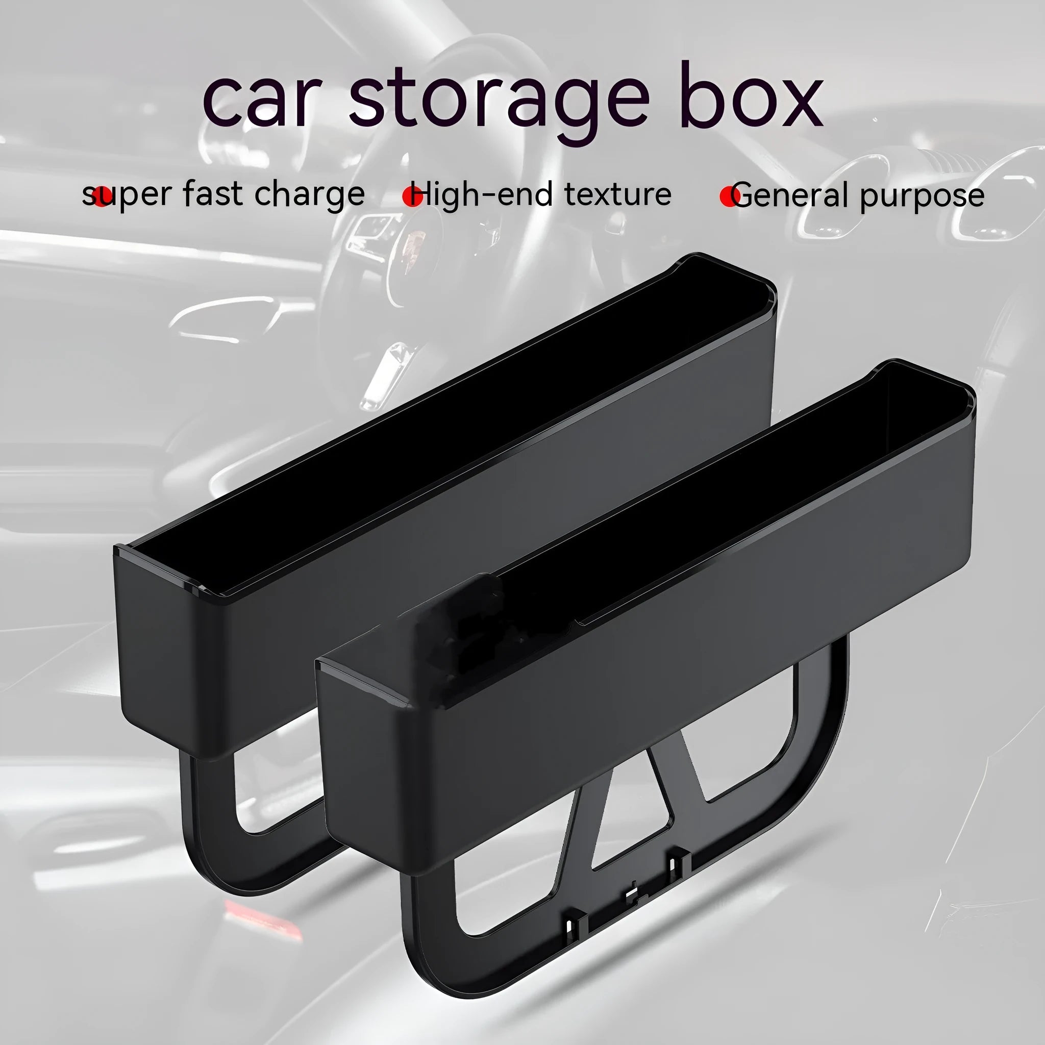 Black plastic car seat gap storage box organiser with 265x166x45mm dimensions