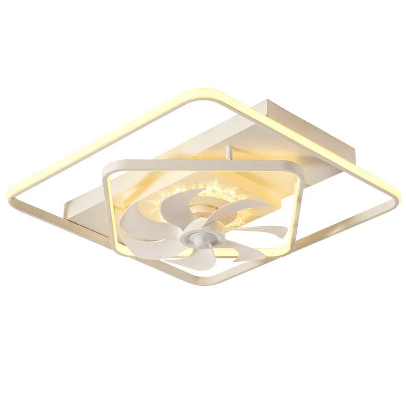 Modern thin suction ceiling fan lamp with plastic blades and acrylic lampshade mounted on a white ceiling.