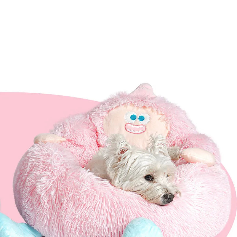 Grey raised-rim plush pet nest bed for a dog, showing thick sides and soft interior.
