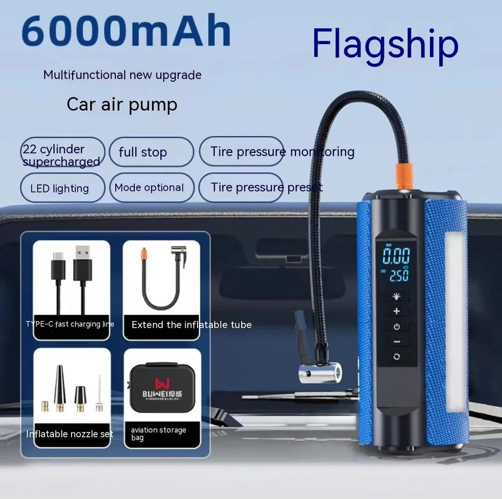 Portable car air pump with LED light and digital display showing pressure reading