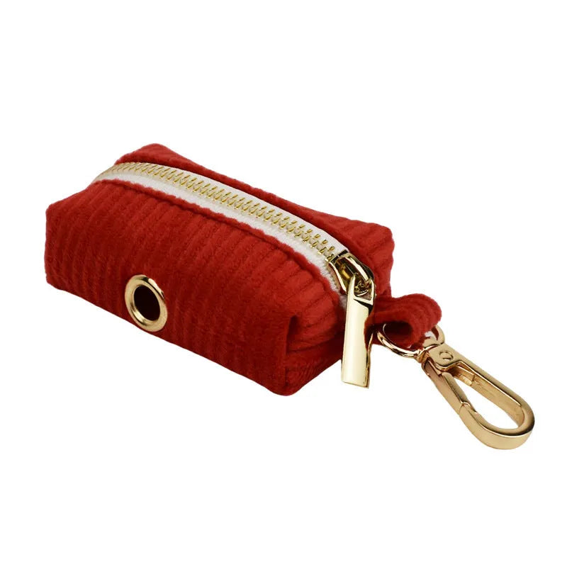 Corduroy dog collar and leash set with matching vest, bow, and poop bag holder accessories