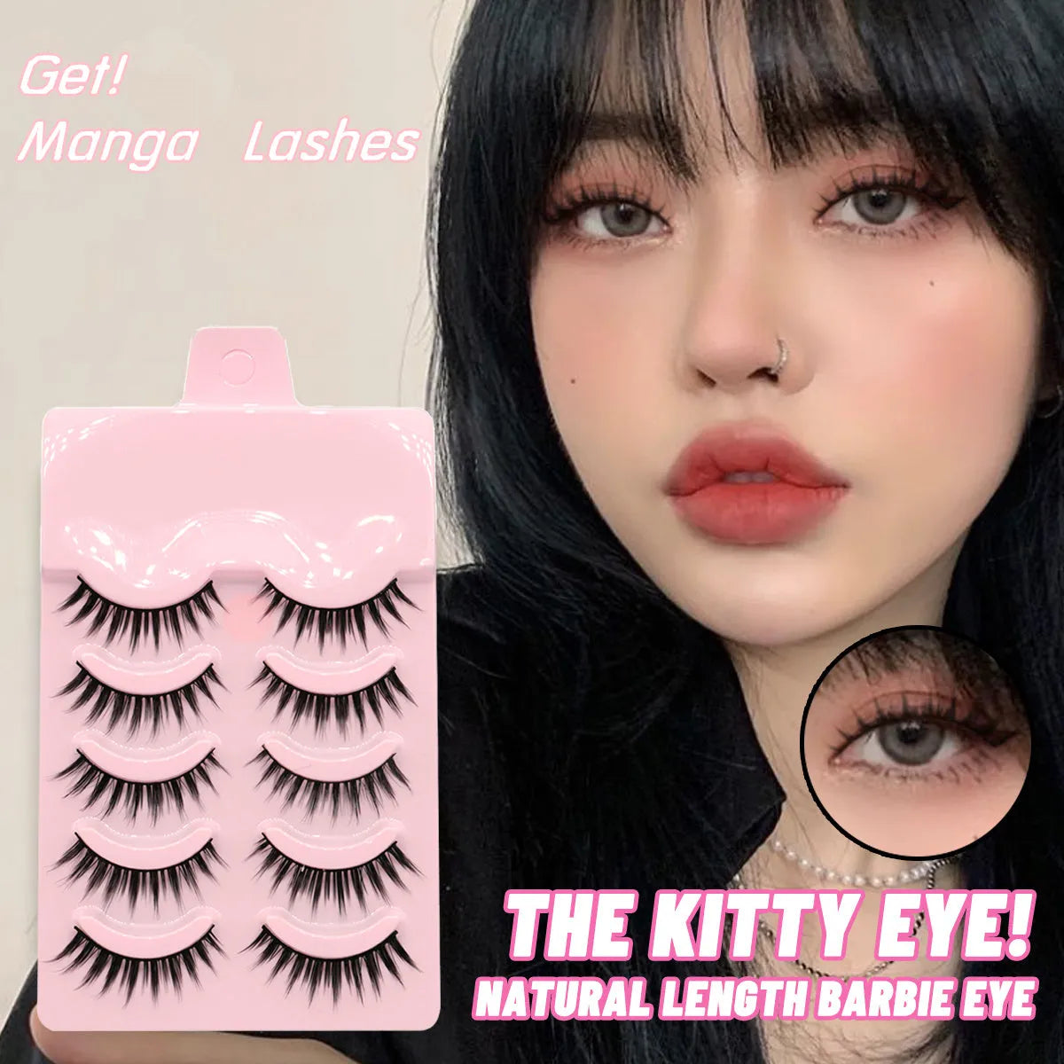 Five pairs of natural wispy manga false eyelashes in a tray, anime cosplay makeup style