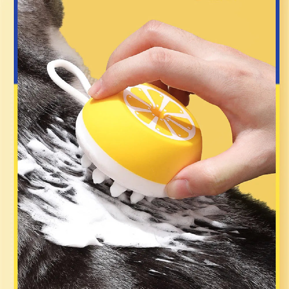 Yellow silicone pet bath brush with massage head and comb for dog and cat washing grooming