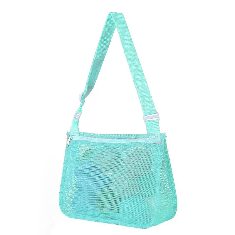 Blue nylon mesh travel storage bag with zip closure for children's toys and clothes