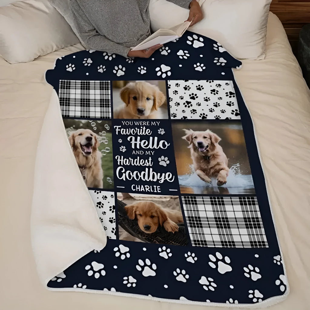 White flannel dog blanket laid flat showing soft texture, with size options for pet beds.