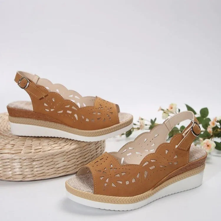 Fish mouth wedge sandals with thick PU sole and hollow buckle upper, in black, red or light brown, sizes 36-43