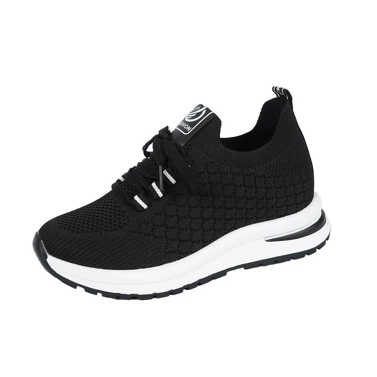 Women's black platform flat pumps with mesh upper and lace-up design on rubber sole