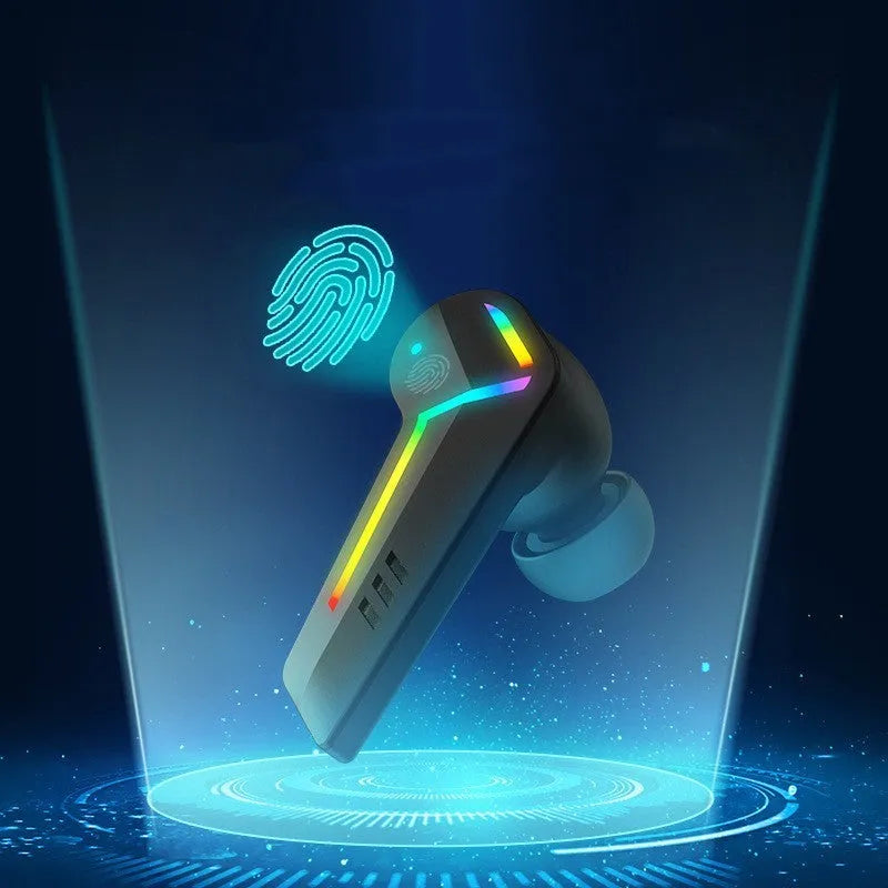 Small black wireless Bluetooth sports headset with low latency for gaming.