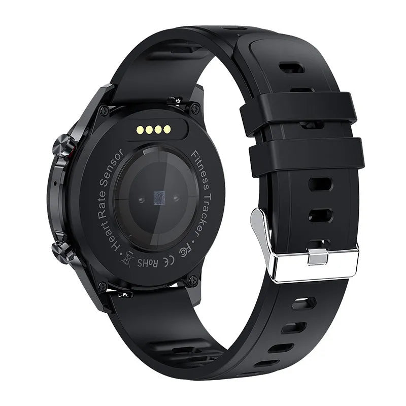 Bluetooth smart watch with a 1.3-inch screen on a wrist, showing call and music player functions.