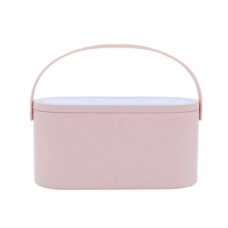 Portable pink beauty mirror with storage box and aluminium mirror lens