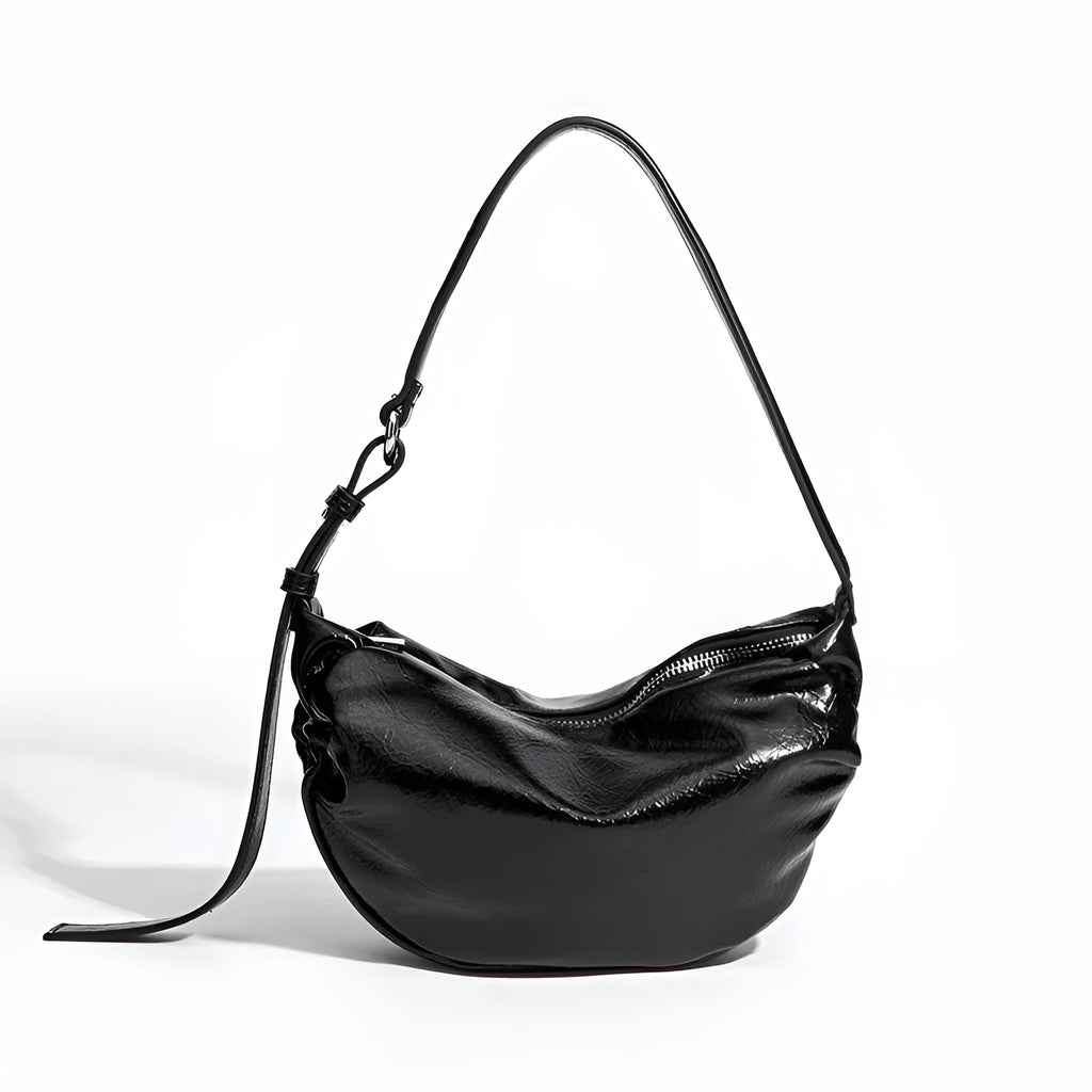 Black pleated shoulder bag in soft PU with rock-and-roll style and three-dimensional outer pocket