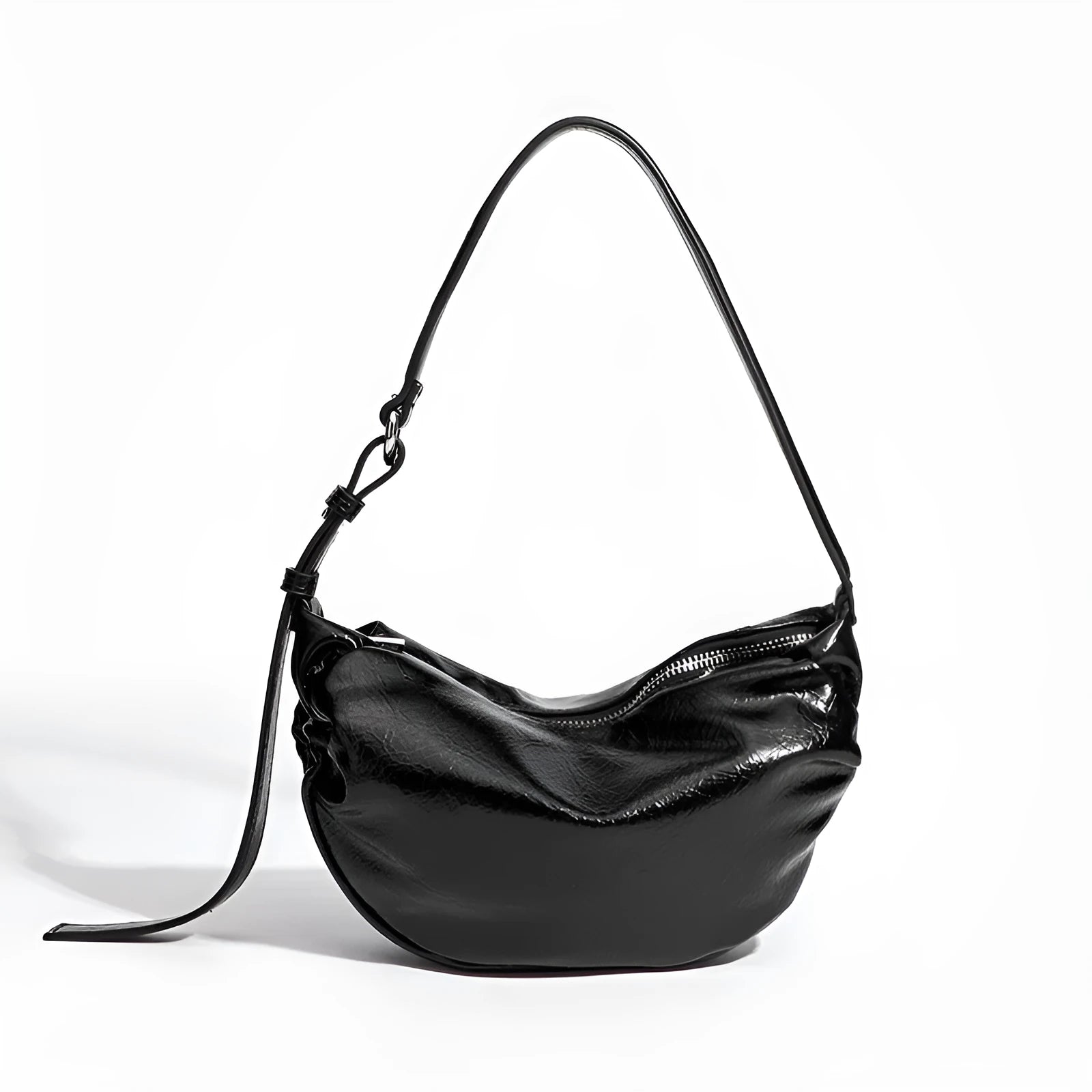 Black pleated shoulder bag in soft PU with rock-and-roll style and three-dimensional outer pocket