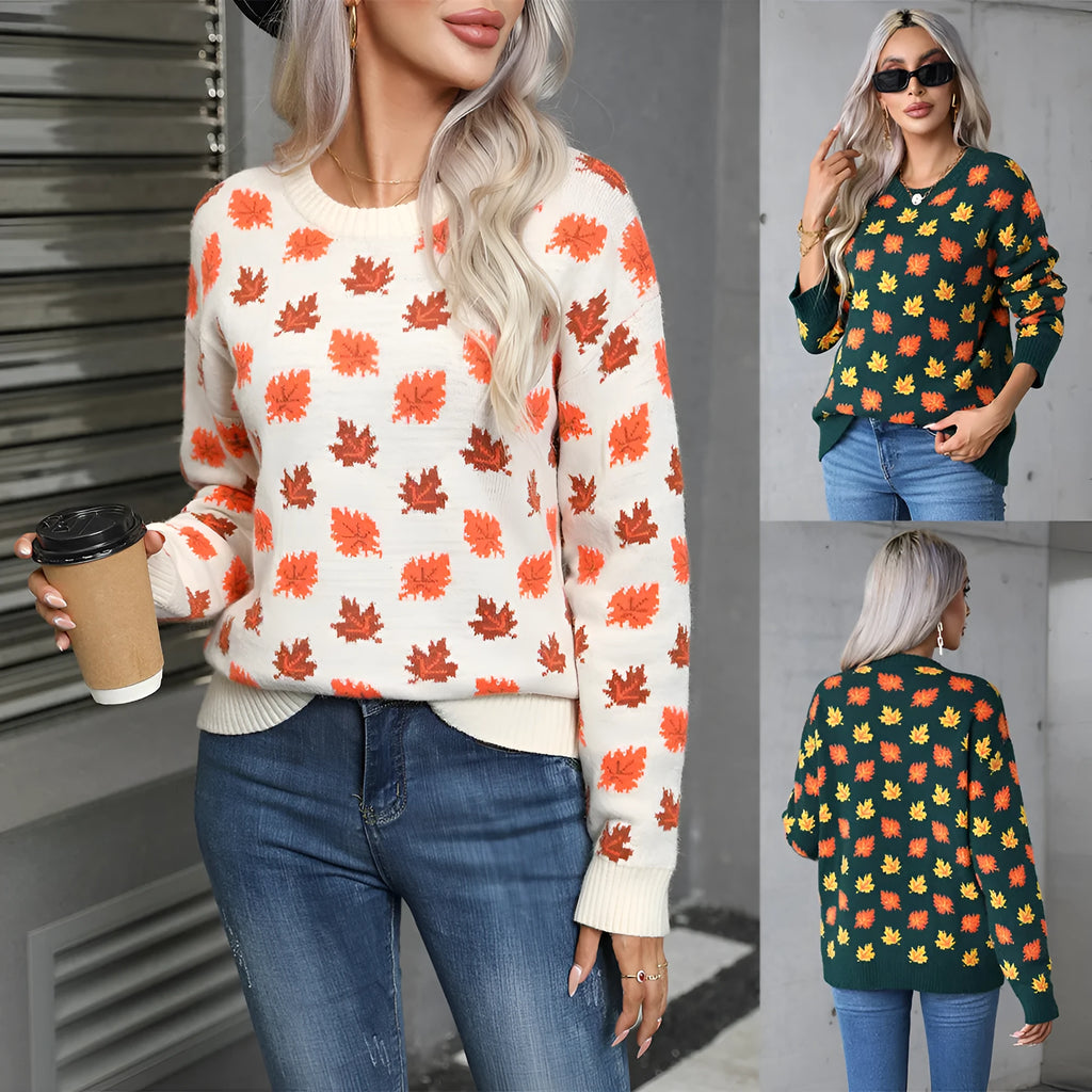 Beige loose fit Maple Leaf Christmas print pullover sweater with contrast details on a hanger.