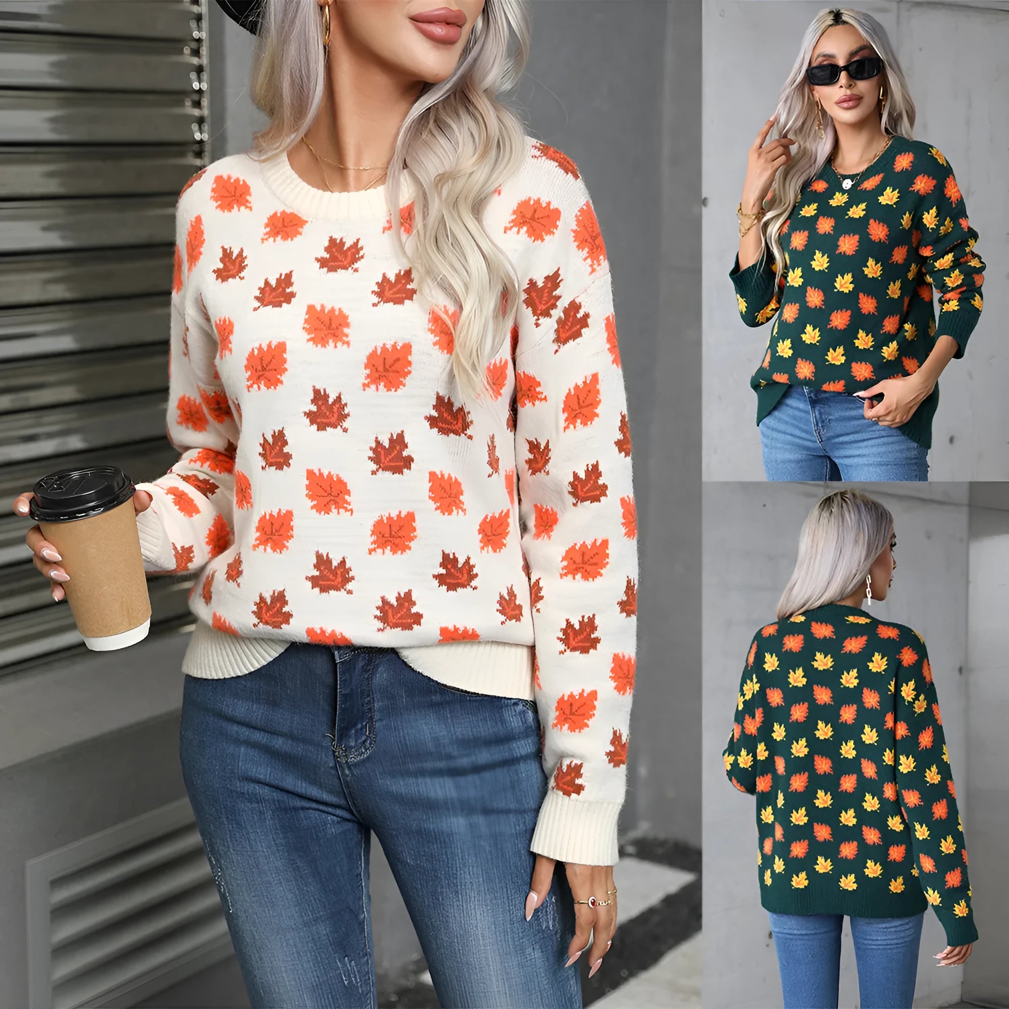 Beige loose fit Maple Leaf Christmas print pullover sweater with contrast details on a hanger.