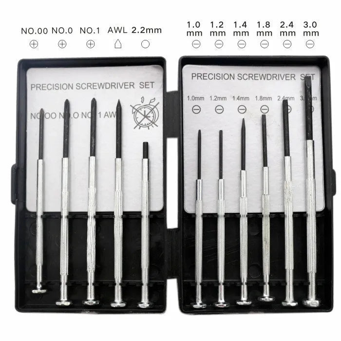 TH-6177 11-piece clock repair screwdriver set with crosshead and flathead bits.