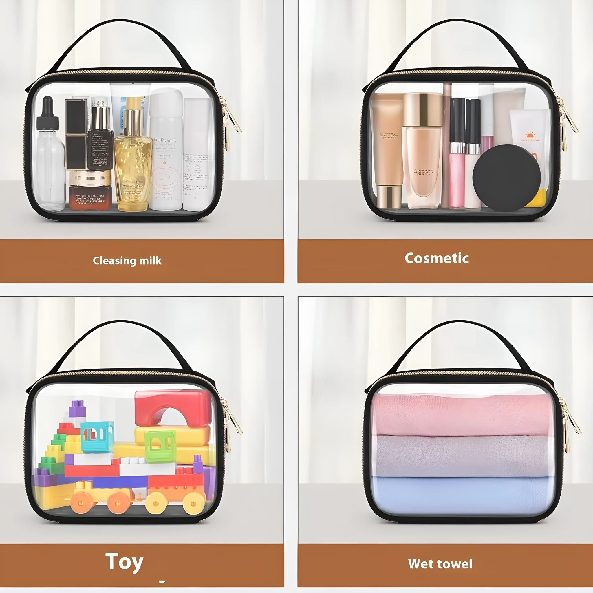 Clear PVC lipstick storage wash bag with detachable chain, shown in multiple colour options.