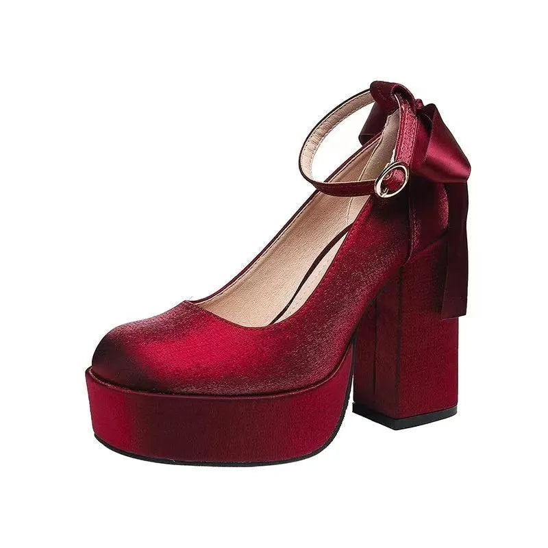 Women's waterproof platform wedding shoes with chunky heel in wine red colour with optional silk buckle detail