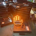 Car USB plug-in LED finger gesture lights showing thumbs up, OK, and scissor hand designs.
