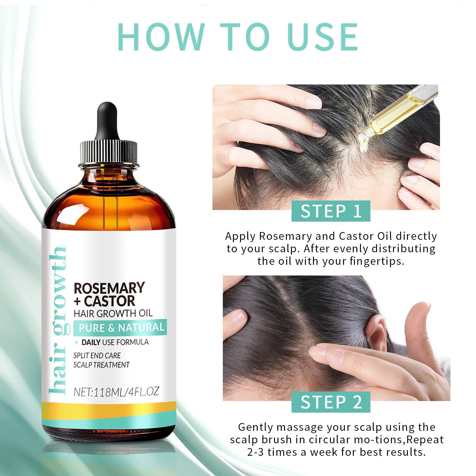 118ml bottle of bright yellow hair treatment oil with a plastic massage brush applicator for dense long hair.