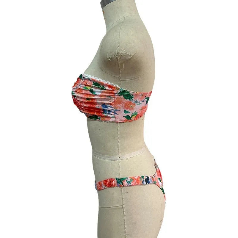 Women's printed floral bikini with lace trim and backless tube top design